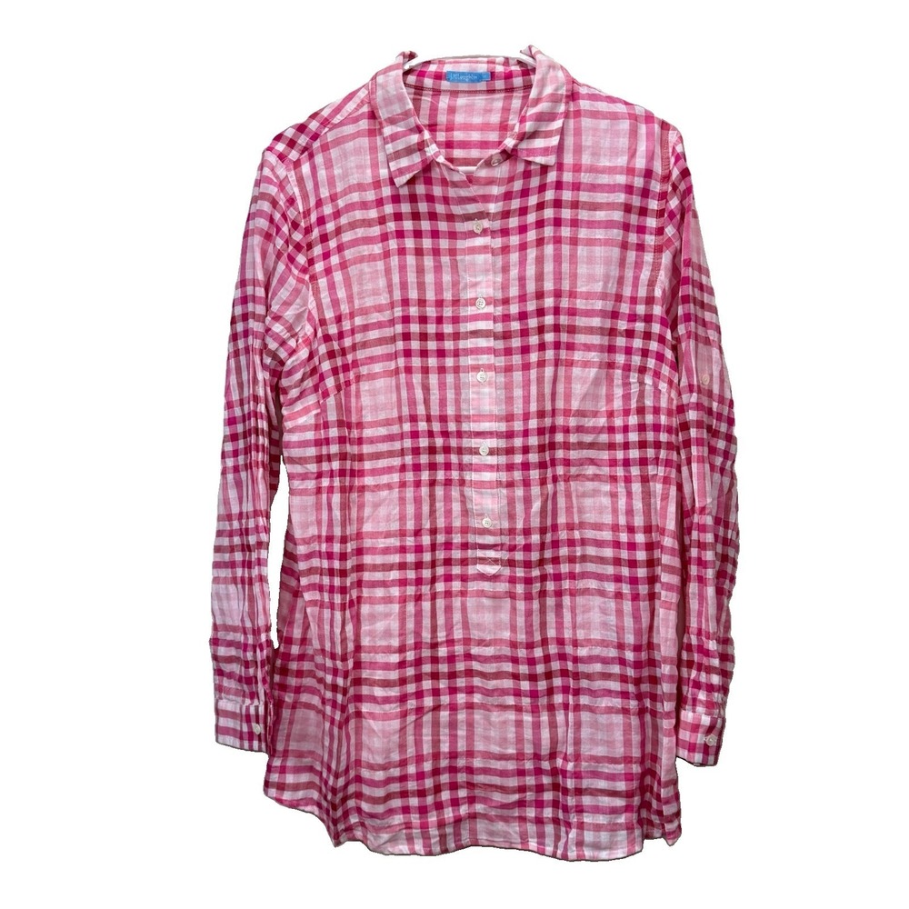 J McLaughlin Pink Plaid Button Shirt Cotton Long Roll Tab Sleeve Classic MEDIUM - Picture 2 of 10